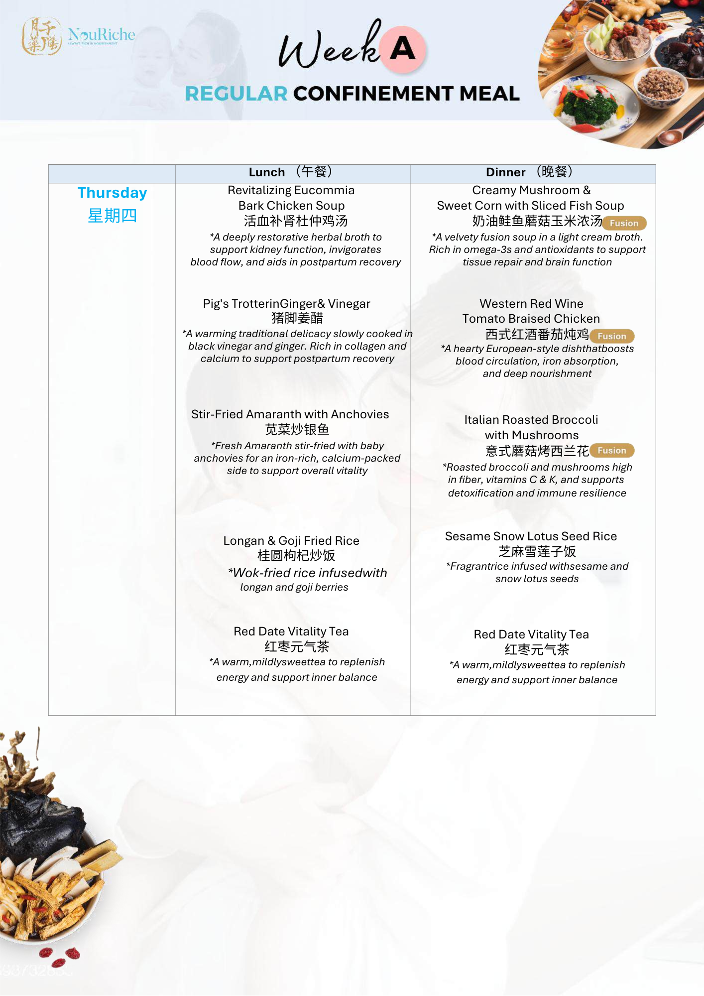 NouRiche Confinement Meals Menu Sample